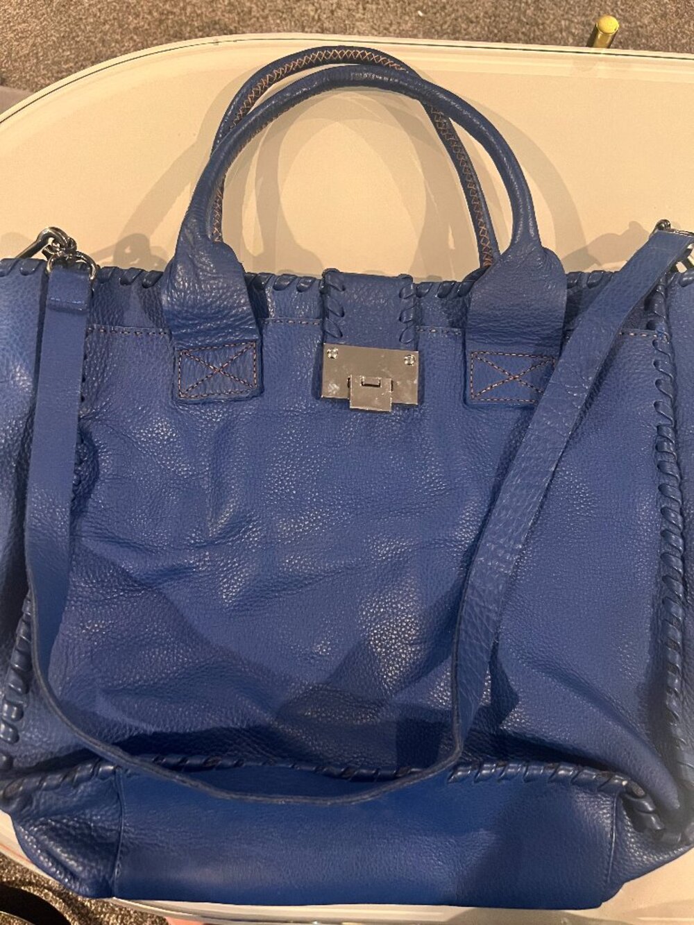Carla Mancini Cobalt Blue Pebbled Leather Satchel Whipstitch Turn Lock Crossbody